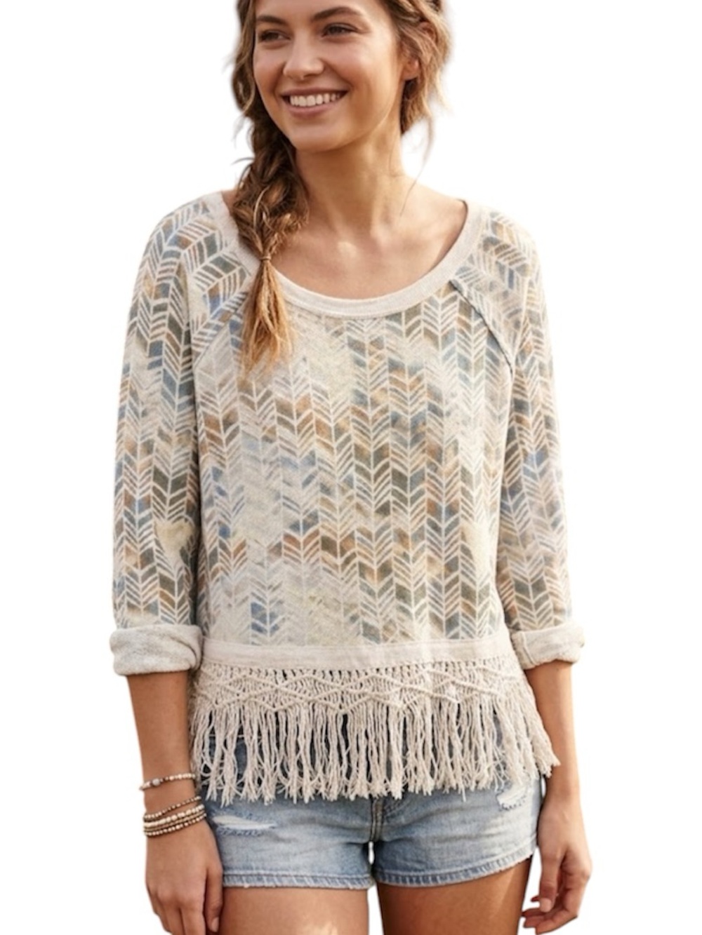 Free People White Printed Fringe Sweater size medium